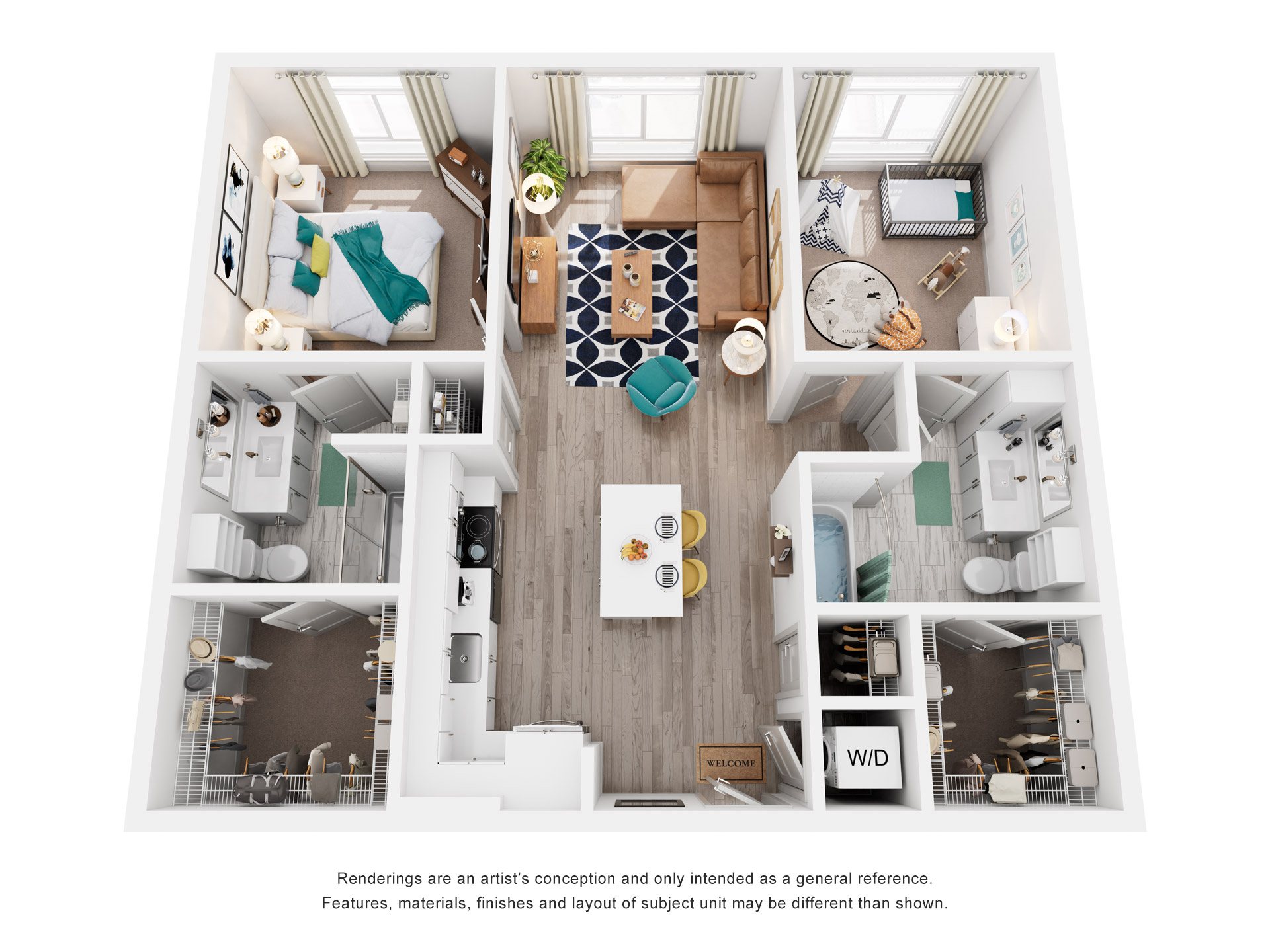 Floor plan for 2 beds, 2 baths, 1052 sqft